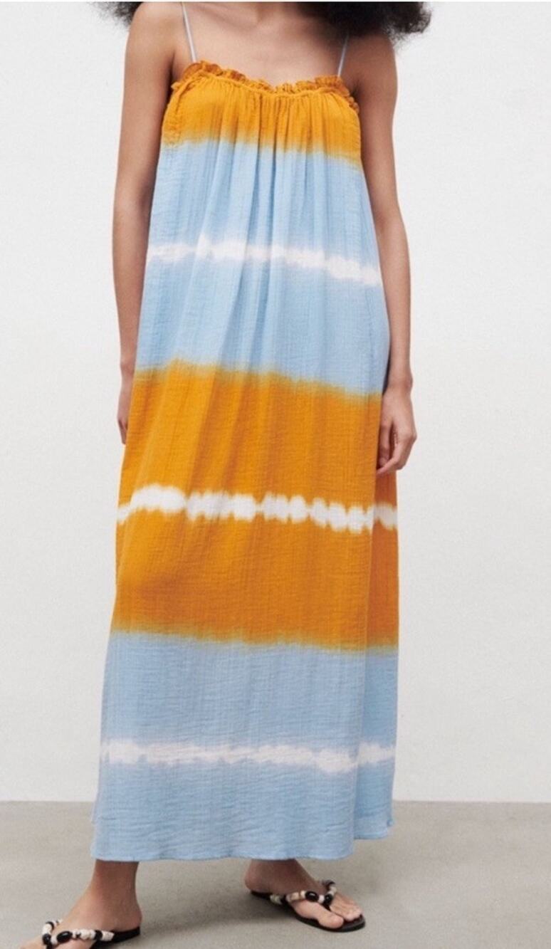 Zara Tie-Dye Maxi Dress L Blue Orange Stappy Sundress Cotton Lightweight Boho